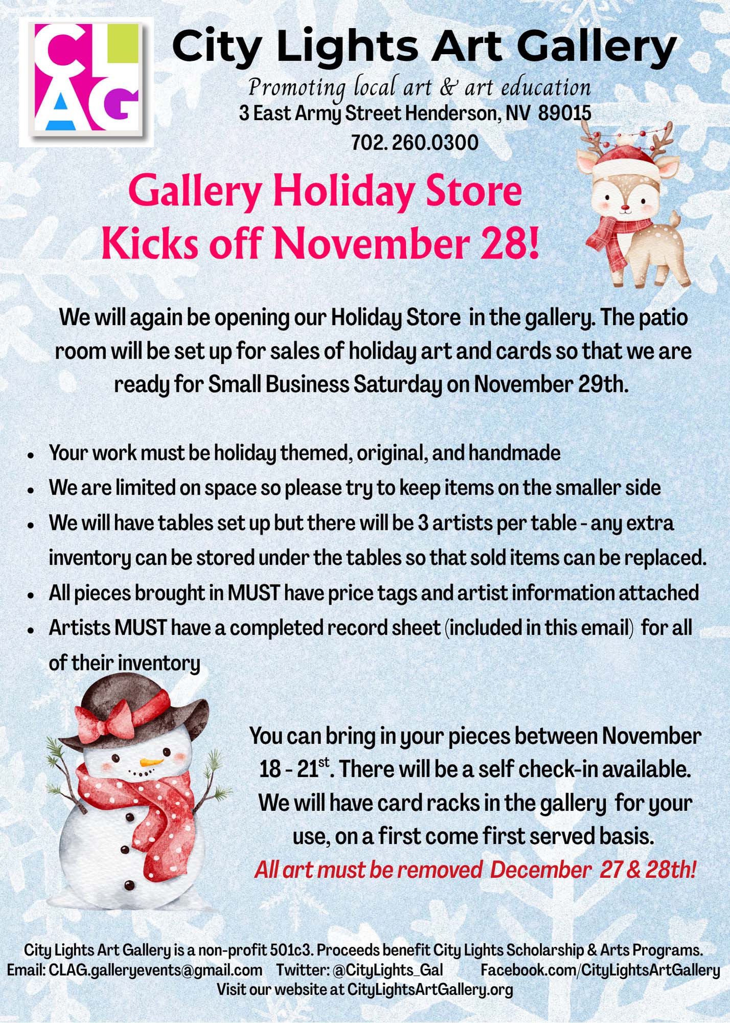 Gallery Holiday Store Art Intake Nov 18 to 21, 2025 1